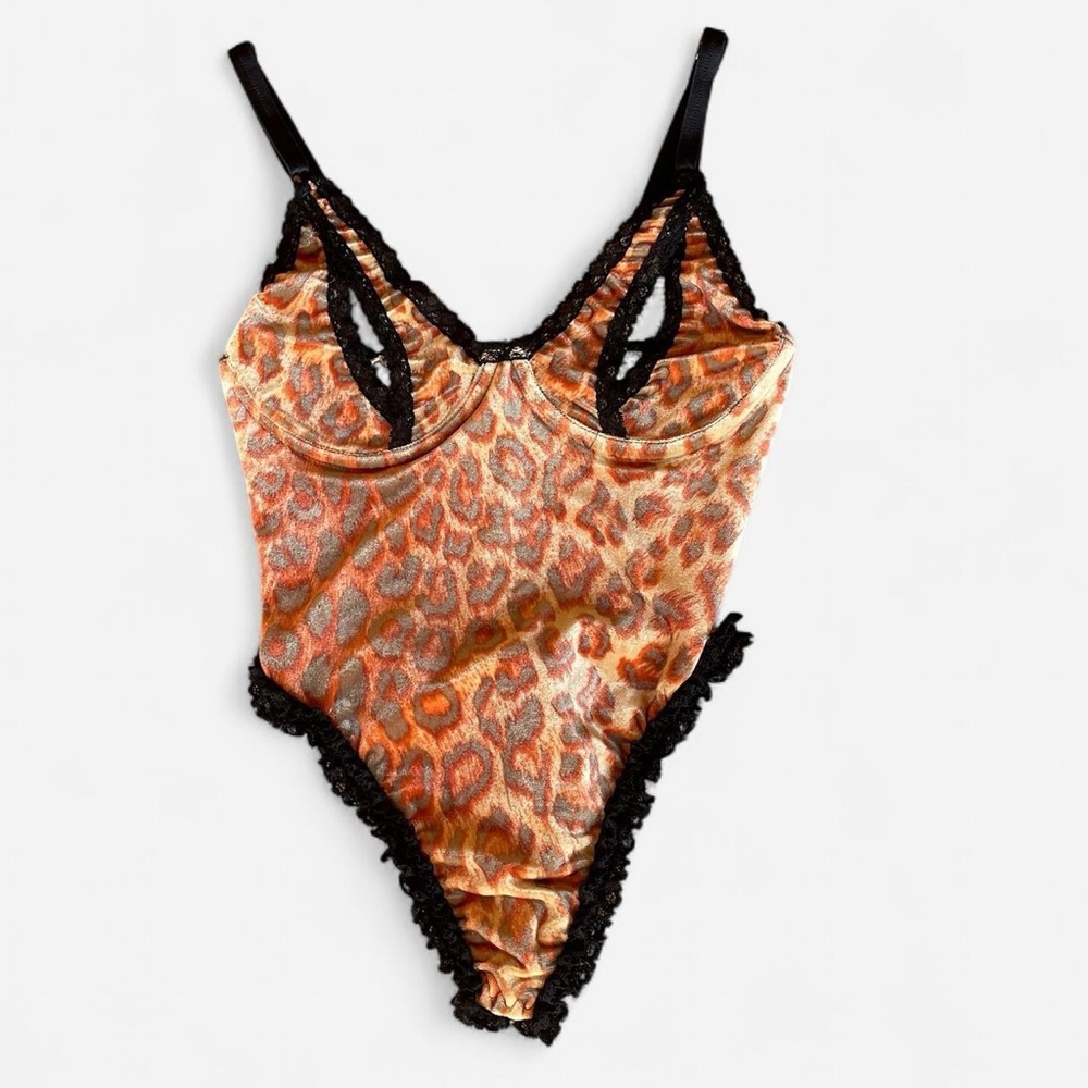 Trashy Lingerie Leopard Print velvet Lace Trim Bodysuit